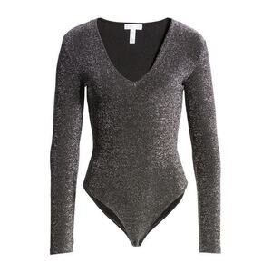 Leith Silver Metallic V Neck Long Sleeve Bodysuit Size M
